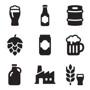 Biranın çeşitli yönlerini temsil eden ve bir bardak, şişe, fıçı, fıçı, konserve, bardak, homurtu, bira fabrikası ve buğday da dahil olmak üzere dokuz basit siyah kabartma ikonundan oluşan bir koleksiyon..