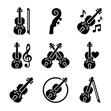 Çeşitli bileşimlerde bir keman ikonu seti. Solo bir keman, yay, parşömen, çapraz kemanlar, nota gibi müzik sembolleri ve bir tuş anahtarı içerir..