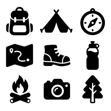 Açık hava aktivitelerini temsil eden dokuz siyah katı simge koleksiyonu. Sırt çantası, çadır, pusula, harita, bot, su şişesi, kamp ateşi, kamera ve seyahat ve macera ağacı içerir.