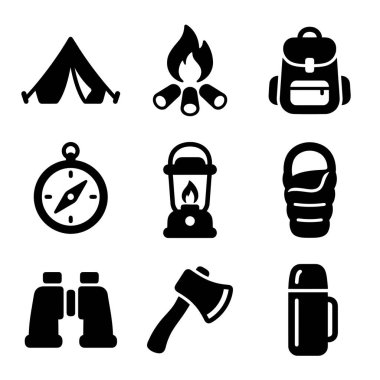 Kamp, kamp, kamp ateşi, sırt çantası, pusula, fener ve balta da dahil olmak üzere dokuz basit siyah beyaz ikon koleksiyonu..