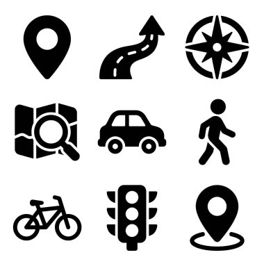 Harita pin, yol, pusula, araba, yaya, bisiklet ve trafik ışığından oluşan dokuz vektör simgesi, UI tasarımı için beyaz bir arkaplanda izole edilmiş.