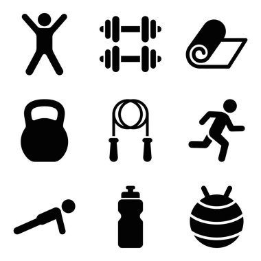 Spor, spor ve egzersiz için dokuz tane düz siyah simge. Dambıl, kettlebell, yoga minderi, koşu, kalas, atlama ipi ve su şişesi sembolleri içerir.