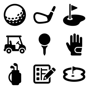 Golf için bir top, sopa, el arabası, eldiven, tee, skor kartı dahil dokuz basit vektör sembolü koleksiyonu ve tasarım için beyaz bir arkaplan üzerine yeşil koymak.