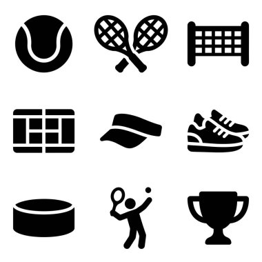Tenis, raket, ağ, kort, ayakkabı, güneşlik, oyuncu, kupa ve hokey diski de dahil olmak üzere dokuz siyah ve beyaz ikondan oluşan bir koleksiyon..