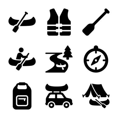 Açık hava aktiviteleri için vektör simgesi ayarlandı. Kano, kano, kamp ve seyahat sembolleri. Can yeleği, nehir, pusula, kuru çanta ve çadır gibi..
