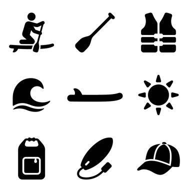 Bir tahta, kürek, can yeleği, dalga, güneş, kuru torba, tasma ve kepte bulunan bir kişi de dahil olmak üzere, stand-up ile ilgili dokuz siyah katı simge seti..