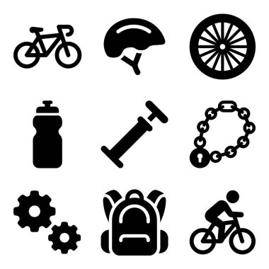 Bisiklet, kask, tekerlek, pompa, kilit, vites, sırt çantası ve bisiklet de dahil olmak üzere çeşitli bisiklet aksesuarlarını ve ekipmanları temsil eden dokuz adet simge..