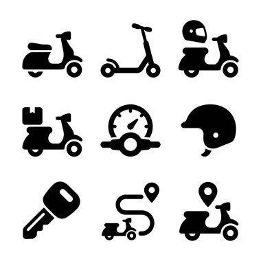 Şehir ulaşımı için mobiletler, elektrikli scooterlar, miğferler, anahtarlar ve GPS navigasyon güzergahları da dahil olmak üzere scooterlarla ilgili koyu siyah simgelerden oluşan bir koleksiyon.