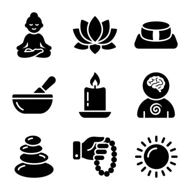 Nilüfer, mum, tespih ve rahatlık için zen taşı gibi meditasyon, yoga ve ruhani kavramları temsil eden dokuz katı siyah ikondan oluşan bir koleksiyon..