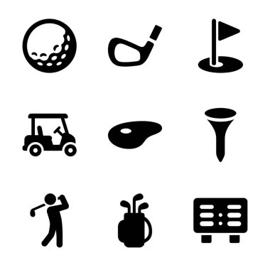 Golf sporunun çeşitli unsurlarını temsil eden dokuz basit simge seti, bir top, sopa, bayrak, kart, golf, oyuncu ve beyaz arka planda skor tabelası..