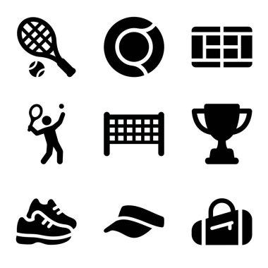 Tenis unsurlarını temsil eden dokuz siyah simge koleksiyonu. Raket, top, kort, oyuncu, ağ, kupa, ayakkabı, güneşlik ve çanta..