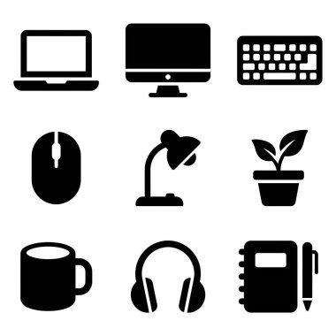 Ortak ofis ve masa ögelerini temsil eden dokuz basit sembol koleksiyonu. Laptop, monitör, klavye, fare, lamba, bitki, kupa, kulaklık ve dizüstü bilgisayar içerir.