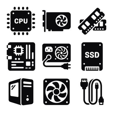 İşlemci, GPU, RAM, anakart, SSD ve teknoloji ve bilgisayar temalı tasarımlar için güç kaynağı gibi çeşitli PC parçalarını temsil eden basit siyah sembol koleksiyonu.