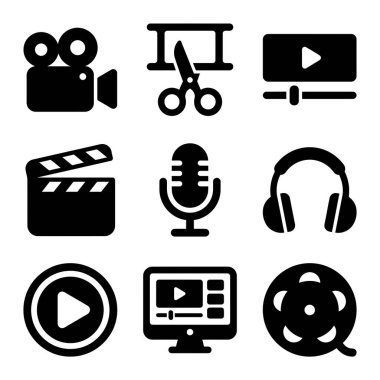 Video üretimini, film yapımcılığını, kurguyu ve ses kaydını temsil eden dokuz siyah katı ikondan oluşan bir koleksiyon. Kamera, alkış tahtası, mikrofon ve film makarası sembollerini içerir.