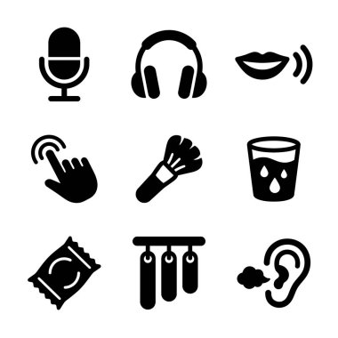 Yaygın ASMR tetikleyicilerini tasvir eden dokuz siyah sembolden oluşan bir derleme, gevşeme ve duyusal uyarma için kullanılan fısıltı, tıkırdama, kırışma ve binaural sesleri içerir..