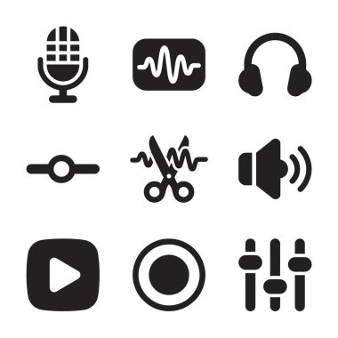 Ses ve ses düzenleme yazılımı için dokuz basit simgeden oluşan bir koleksiyon. Beyaz arkaplanda mikrofon, dalga formu, kulaklık, kaydırma, düzeltme, hoparlör, çalma, kayıt ve karıştırıcı faders içerir.