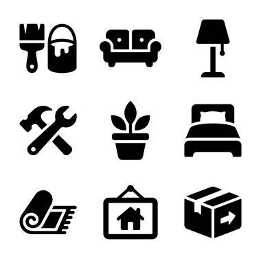 Mobilya, araç gereç ve ambalaj sembolleri de dahil olmak üzere ev mobilyaları, yenileme, onarım ve taşınma ile ilgili dokuz siyah katı simge koleksiyonu.