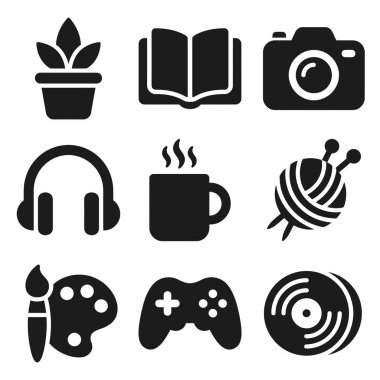 Okuma, oyun, fotoğraf, resim ve örgü gibi çeşitli hobileri ve hobileri temsil eden dokuz siyah siluet simgesi koleksiyonu..