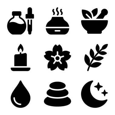 Kaplıcayı, sağlığı ve rahatlama temalarını temsil eden dokuz katı siyah sembol koleksiyonu. Temel yağ, yayıcı, mum, zen taşı ve doğal elementleri içerir.