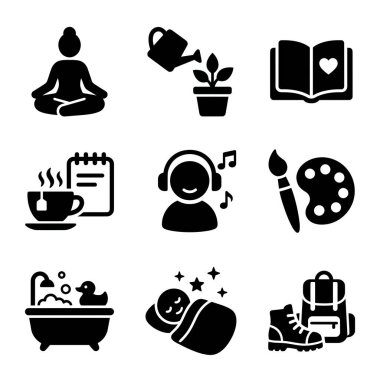Yoga, okuma, resim yapma ve dengeli bir yaşam tarzı için yürüyüş gibi kişisel bakım, sağlık ve eğlence aktivitelerini temsil eden dokuz siyah siluet ikonundan oluşan bir koleksiyon..