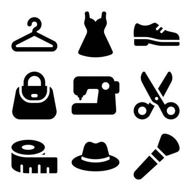 Moda öğelerini ve elbise, askılık, ayakkabı, çanta, dikiş makinesi, makas, mezura, şapka ve fırça gibi terzilik araçlarını temsil eden siyah ve beyaz simgelerden oluşan bir koleksiyon.