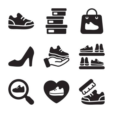 Ayakkabı ve ayakkabı ile ilgili siyah ve beyaz sembol koleksiyonu. Spor ayakkabıları, topuklu ayakkabılar, ayakkabı kutuları, alışveriş çantaları, ayakkabı bakımı ve perakende sembolleri.