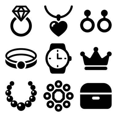 Elmas yüzük, kolye, küpe, saat, taç ve mücevher kutusu gibi çeşitli mücevher ve lüks eşyaları temsil eden dokuz siyah siluet ikonundan oluşan bir koleksiyon..