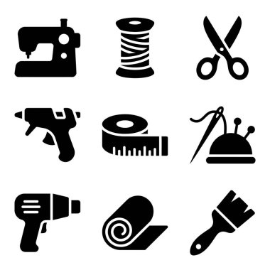 Dikiş makinesi, makas, yapıştırıcı tabancası, matkap ve boya fırçası gibi çeşitli el işi ve kendin yap araçlarını temsil eden siyah siluet simgelerinden oluşan bir koleksiyon..