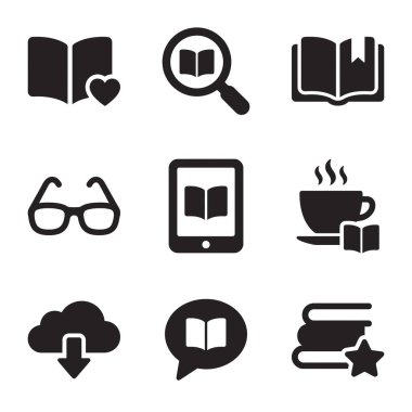 Okumanın e-kitaplar, araştırmalar, favori kitaplar ve kütüphane sembolleri de dahil olmak üzere çeşitli yönlerini temsil eden dokuz siyah simge koleksiyonu. Beyaz bir arkaplanda izole edilmiş.