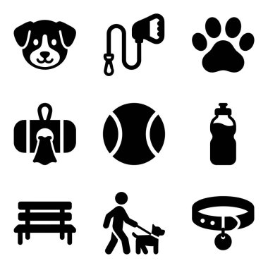 Köpek sahibi olmayı ve evcil hayvan bakımını temsil eden dokuz simge. Tasma, tasma, pençe izi, tenis topu ve köpeği gezdiren birini de içeriyor..