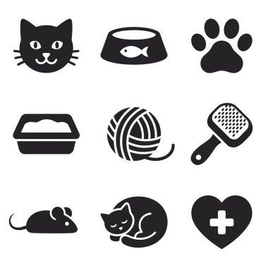 Kedi sahipliğinin çeşitli yönlerini temsil eden dokuz basit siyah simge koleksiyonu. Kedi yüzü, yemek kasesi, pençe izi, çöp kutusu, iplik, fırça, oyuncak fare, uyuyan kedi ve bir veteriner sembolü içerir..