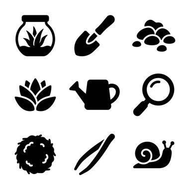 Bahçe, mala, toprak, çiçek, sulama kutusu, büyüteç, cam, yuva, cımbız ve salyangoz içeren dokuz siyah siluet simgesi ve biyolojiden oluşan bir koleksiyon..