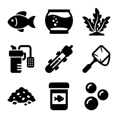 Akvaryumlar için dokuz basit siyah sembol koleksiyonu. Evcil hayvan bakımı ve hobileri için balık, kase, bitki, filtre, ısıtıcı, ağ, çakıl, yiyecek ve baloncuklar içerir.