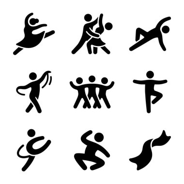 Dokuz siyah ve beyaz vektör ikonundan oluşan bir koleksiyon dans figürlerini gösteriyor, bale, bale, grup dansı ve kurdele ve çemberli ritmik jimnastik..