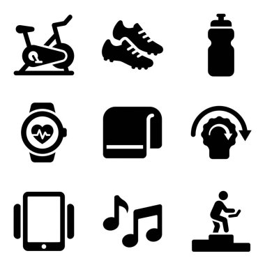 Spor bisikleti, akıllı kaset, müzik ve spor ekipmanı gibi çeşitli spor ve spor aktivitelerini temsil eden siyah katı kabartma simgelerinden oluşan bir koleksiyon..