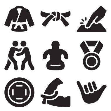 Judo ve Brezilya Jiu-Jitsu 'yu temsil eden siyah ve beyaz vektör simgelerinden oluşan bir koleksiyon. Bir gi, kemer, pes etme, yakalama, manken, madalya, paspas, kol ve shaka işareti içerir..