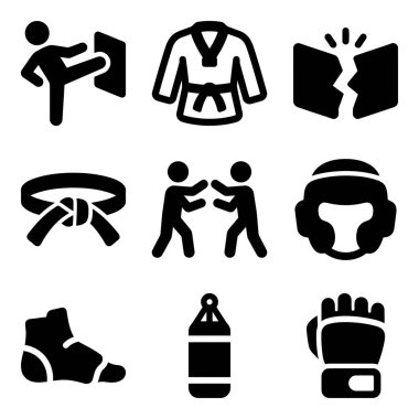 Dövüş sanatları ve dövüş sporlarını temsil eden dokuz katı siyah simge seti. Antrenman, kemer, başlık, eldiven, kum torbası ve tahta kırma dahil..
