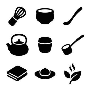 Geleneksel Japon çay seremonisi araçlarını temsil eden dokuz siyah siluet simgesi koleksiyonu, kibrit çırpma, kase, çaydanlık, kepçe ve çay yaprakları da dahil..