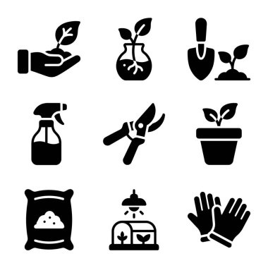 Katı siyah kabartma simgelerinden oluşan bir derleme, ekme, budama, sulama ve bitkileri koruma gibi çeşitli bahçe aletleri ve faaliyetlerini temsil eder..