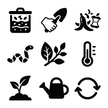 Solucanlar, bitkiler, aletler ve besin atıkları dahil olmak üzere organik geri dönüşüm kavramlarını, gübrelemeyi, bahçeciliği ve organik geri dönüşüm kavramlarını temsil eden dokuz katı siyah simge koleksiyonu..