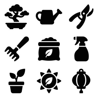 Bahçe aletleri ve bitkileri temsil eden dokuz siyah siluet simgesi koleksiyonu. İçinde bonsai, sulama tenekesi, budama, tırmık, toprak torbası, sprey şişesi, filizlenme, güneş ve bir Çin feneri var..