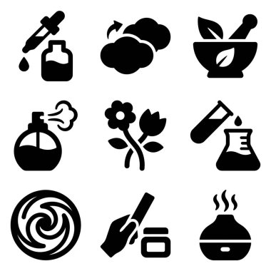 Aromaterapi, temel yağlar, parfüm, doğal cilt bakımı ve sağlık ve refah kavramları için bitkisel tedavileri temsil eden siyah kabartma simgelerinin bir derlemesi..