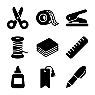 Kırtasiye, bant, delgi, iplik, kağıt, cetvel, yapıştırıcı, etiket ve kalem içeren kırtasiye ve zanaat öğelerini temsil eden dokuz basit simge koleksiyonu..