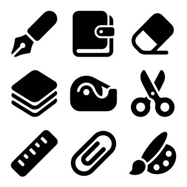 Tasarım projeleri için kalem, makas, cetvel ve ataç da dahil olmak üzere dokuz temel ofis ve okul ikonlarından oluşan bir koleksiyon..