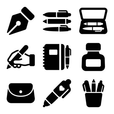 Ofis veya okul kullanımı için dolmakalem, mürekkep şişesi, defter ve kalem kutusu gibi çeşitli yazı araçlarını ve kırtasiye malzemelerini temsil eden siyah ve beyaz vektör simgelerinin bir koleksiyonu.