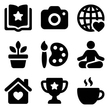 Okuma, fotoğrafçılık, sanat, meditasyon, bahçıvanlık ve seyahat gibi hobileri ve kişisel ilgi alanlarını temsil eden dokuz siyah beyaz simge koleksiyonu..