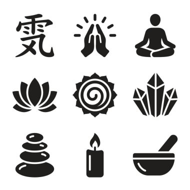 Reiki, yoga, meditasyon ve kristal şifa gibi ruhani uygulamaları temsil eden dokuz siyah ikondan oluşan bir set. Nilüfer, zen taşı ve mum gibi semboller içerir..