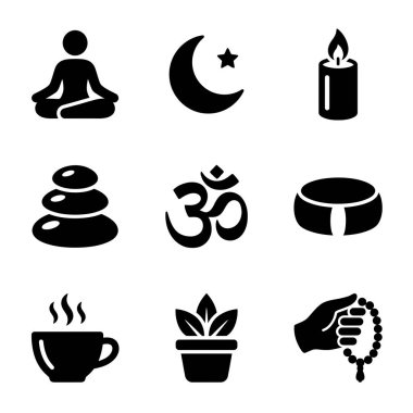 Yoga, Om, zen taşları, dua boncukları ve hilal ay da dahil olmak üzere ruhaniliği, meditasyonu ve dini temsil eden dokuz siyah sembolden oluşan bir koleksiyon..