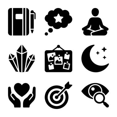 Günlük tutmak, rüya görmek, meditasyon yapmak, kristaller, vizyon tahtaları, hedefler ve kişisel gelişim için kişisel bakım gibi kavramları temsil eden dokuz siyah katı ikondan oluşan bir koleksiyon..