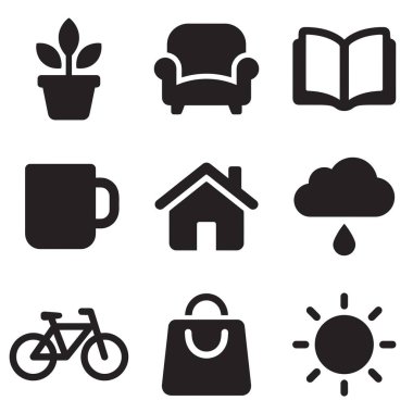 Bir kitap, bisiklet ve alışveriş çantası gibi ev, hava ve eğlence sembolleri içeren dokuz adet çok yönlü düz siluet simgesi web ve uygulama arayüzü tasarımı için mükemmel..